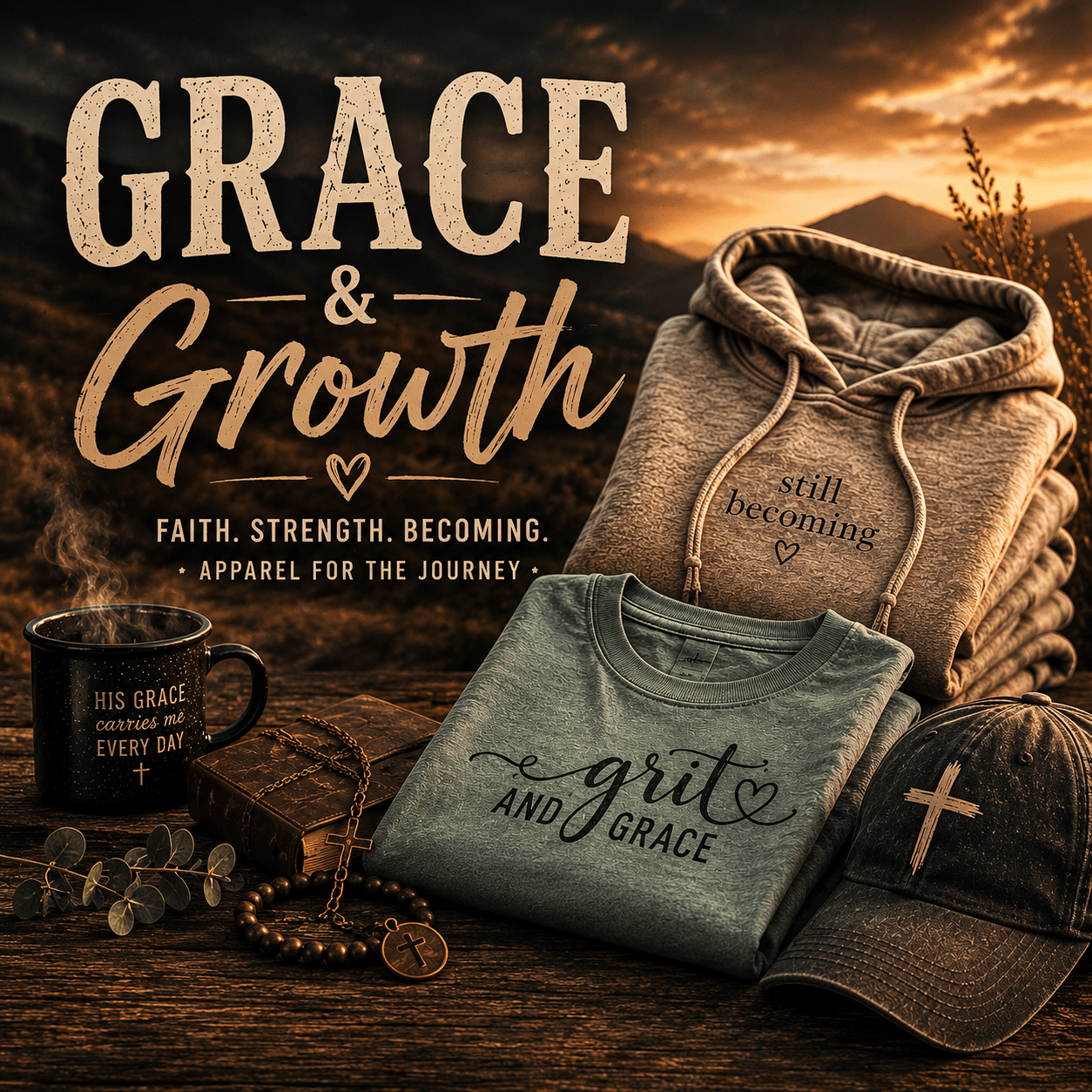 Grace & Growth collection featuring minimalist faith-inspired apparel, Still Becoming hoodie, Grit and Grace tee, faith hat, and rustic lifestyle accessories in a warm cinematic setting.
