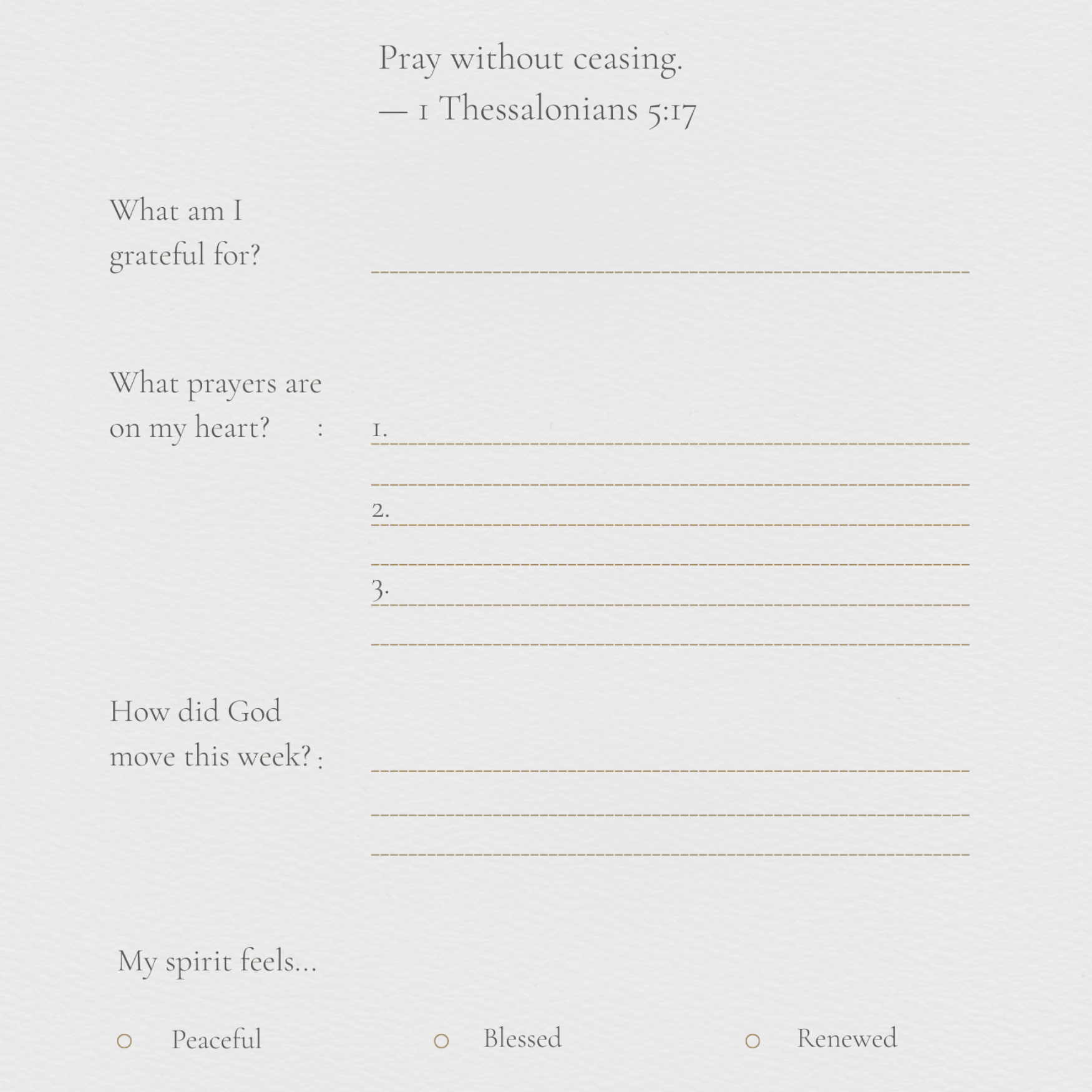 Prayer journal with reflective questions and checkboxes on a light gray background