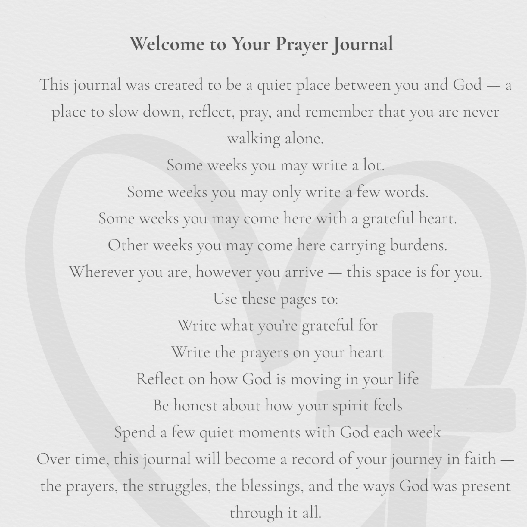Welcome message to a prayer journal with guiding text on a white background
