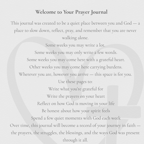 Welcome message to a prayer journal with guiding text on a white background