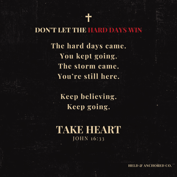 Inspirational Christian message card featuring "Don't Let the Hard Days Win" and John 16:33.