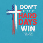 Don't Let the Hard Days Win Tee in Heather Aqua — close-up of distressed cross design — Held & Anchored