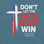 Don't Let the Hard Days Win Tee in Heather Deep Teal — close-up of distressed cross design — Held & Anchored