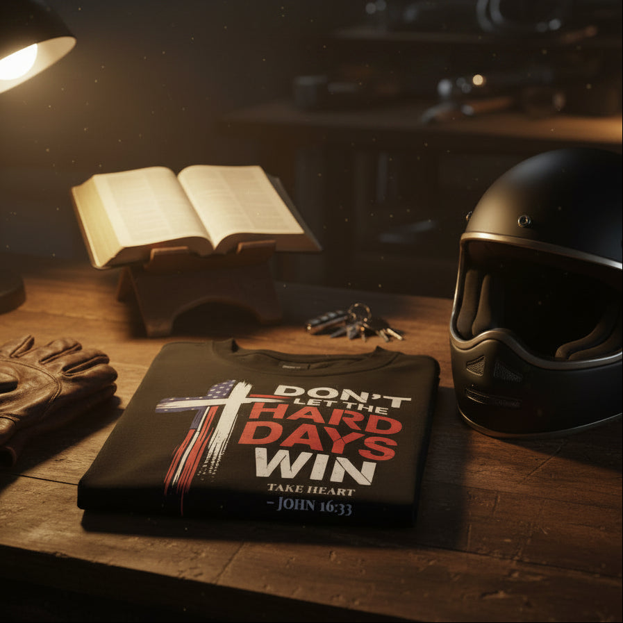 Don't Let the Hard Days Win Tee Christian biker shirt displayed beside motorcycle helmet, gloves, and open Bible in dramatic lighting