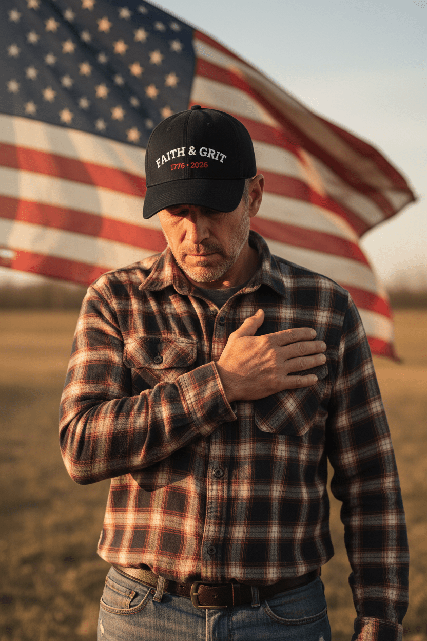 Man wearing the Faith & Grit 1776 • 2026 patriotic hat with hand over heart in front of a waving American flag.