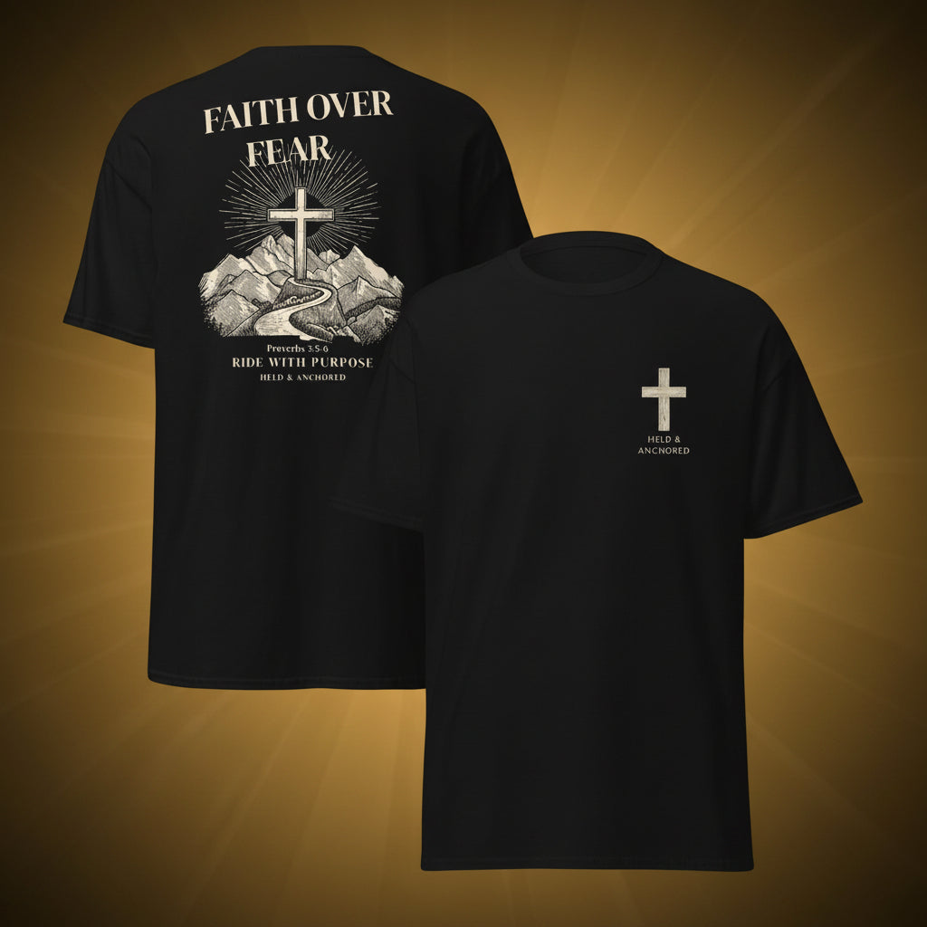 Faith Over Fear Rider Tee showing front cross logo and mountain back print design on black faith-inspired apparel.