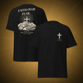 Faith Over Fear Rider Tee showing front cross logo and mountain back print design on black faith-inspired apparel.