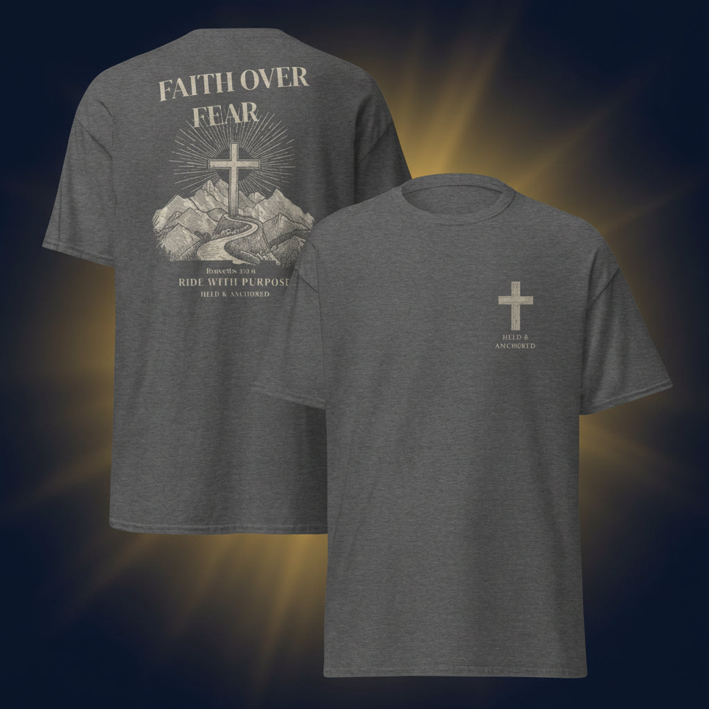 Faith Over Fear Rider Tee showing front cross logo and mountain back print design on athletic heather premium apparel.
