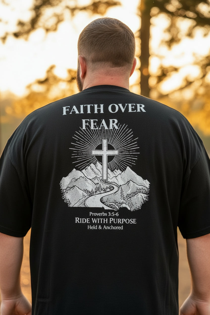 Man wearing the Faith Over Fear Rider Tee featuring mountain cross back print design in an outdoor lifestyle setting.