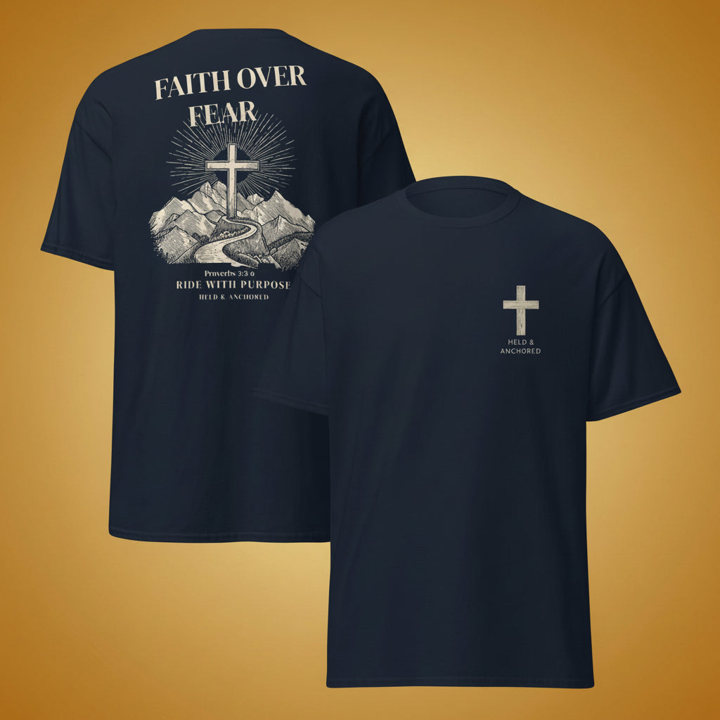Faith Over Fear Rider Tee showing front cross logo and mountain back print design on navy faith-inspired apparel.