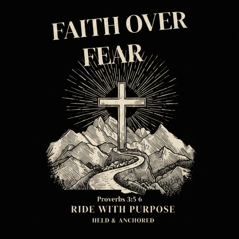 Faith Over Fear Rider Tee featuring mountain cross artwork and Proverbs 3:5-6 faith-inspired back print design by Held & Anchored.