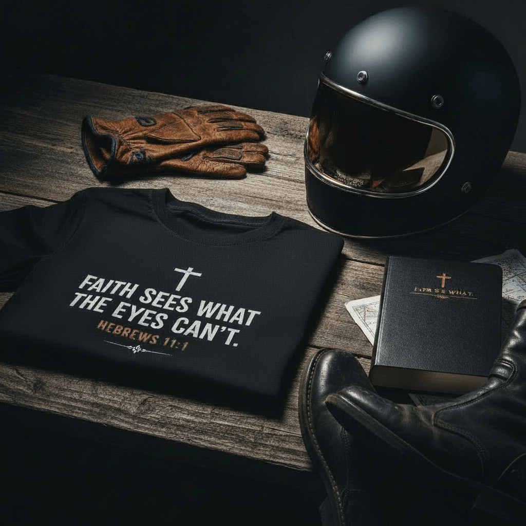 Flat lay mockup of black Christian biker T-shirt featuring “Faith Sees What Eyes Can’t” design with motorcycle helmet, gloves, boots, and Bible-inspired rider lifestyle styling.