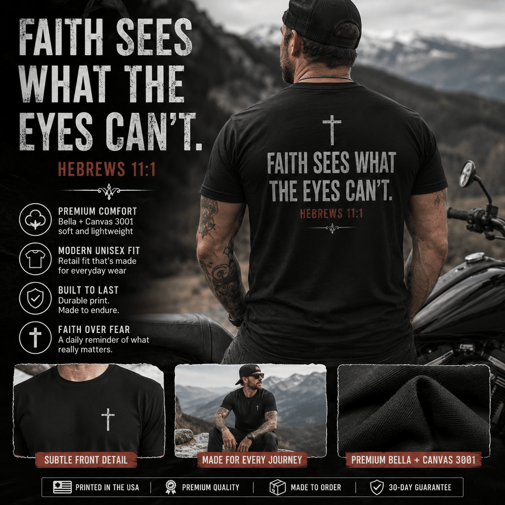 Lifestyle mockup of black Christian motorcycle T-shirt featuring “Faith Sees What the Eyes Can’t” Hebrews 11:1 design with biker, mountain backdrop, premium fit details, and faith-based rider aesthetic.