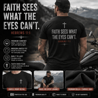 Lifestyle mockup of black Christian motorcycle T-shirt featuring “Faith Sees What the Eyes Can’t” Hebrews 11:1 design with biker, mountain backdrop, premium fit details, and faith-based rider aesthetic.