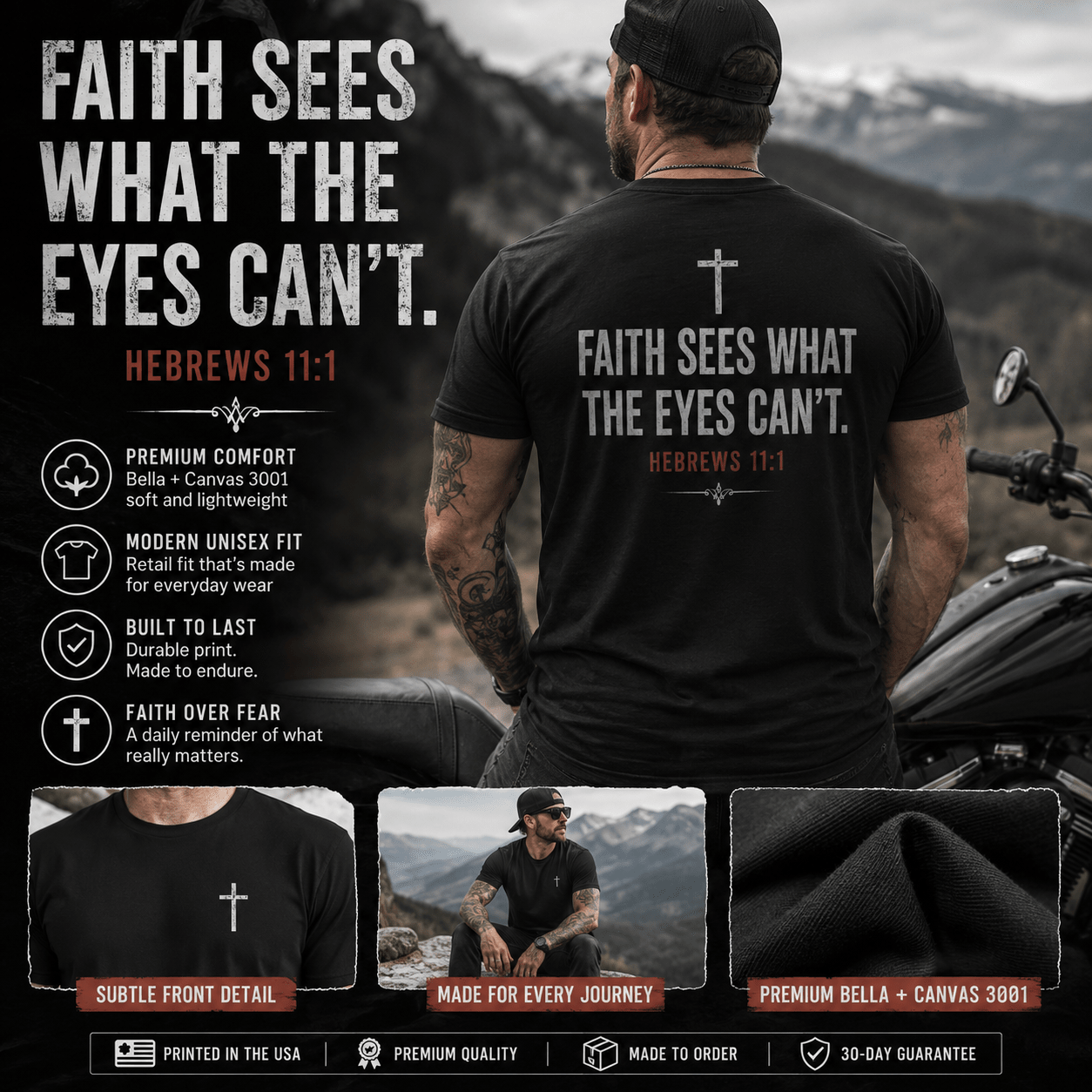 Lifestyle mockup of black Christian motorcycle T-shirt featuring “Faith Sees What the Eyes Can’t” Hebrews 11:1 design with biker, mountain backdrop, premium fit details, and faith-based rider aesthetic.
