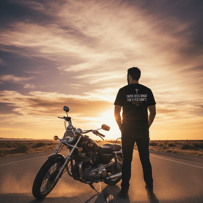 Lifestyle mockup of black Christian biker T-shirt featuring “Faith Sees What the Eyes Can’t” design during sunset motorcycle ride scene with faith-based rider aesthetic.