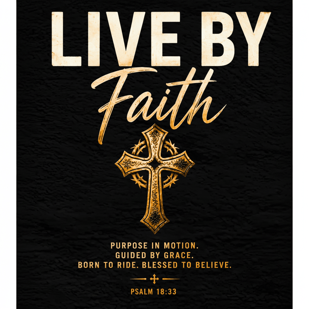 Black faith-based apparel design featuring gold cross artwork, “Live By Faith” typography, and Psalm 18:33 scripture with bold Christian biker aesthetic.