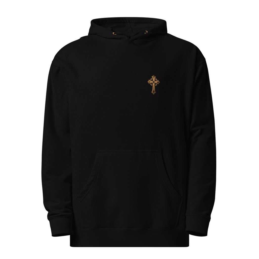 Front mockup of black Christian oversized hoodie featuring minimalist gold cross embroidery with clean faith-based biker apparel styling.