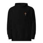 Front mockup of black Christian oversized hoodie featuring minimalist gold cross embroidery with clean faith-based biker apparel styling.