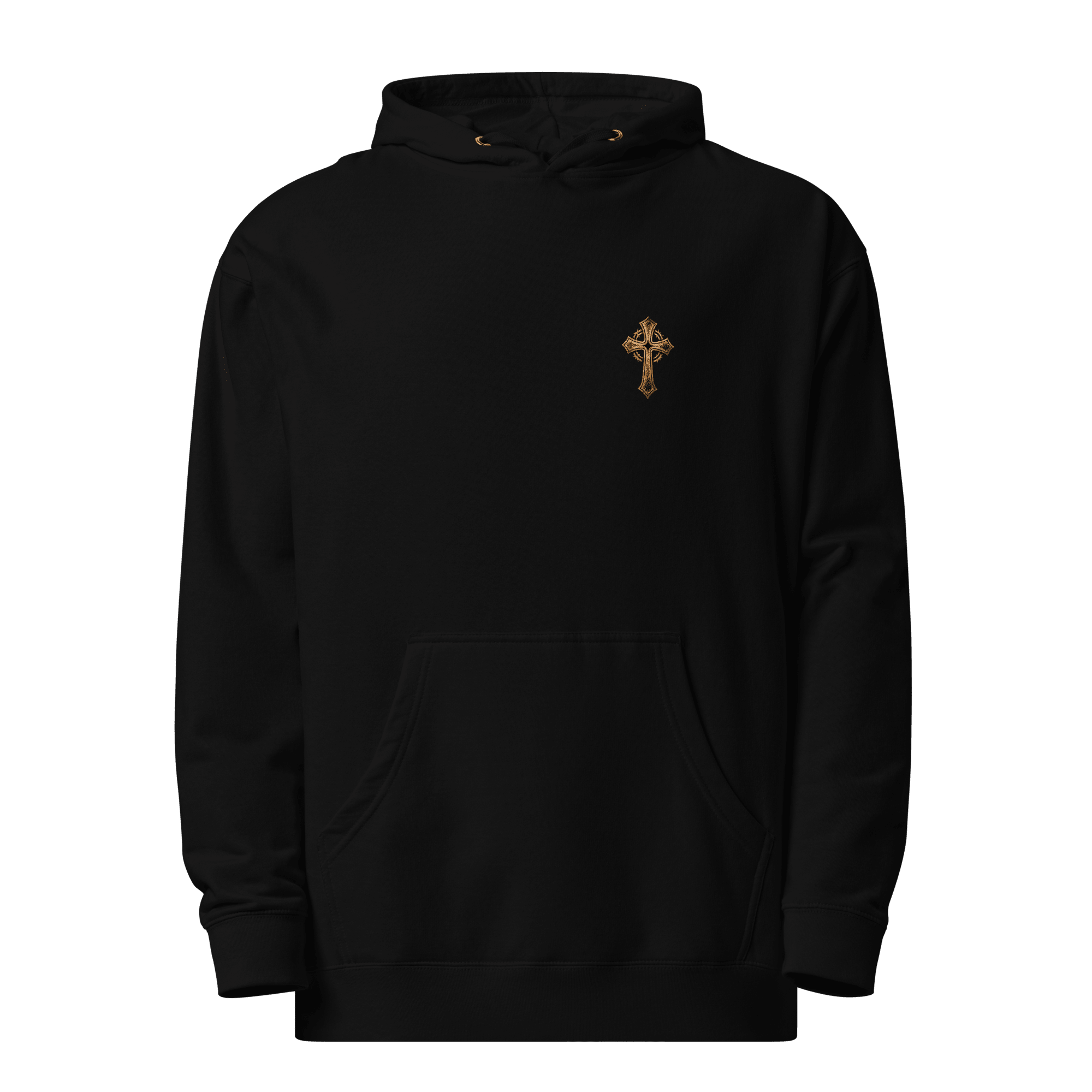 Front mockup of black Christian oversized hoodie featuring minimalist gold cross embroidery with clean faith-based biker apparel styling.
