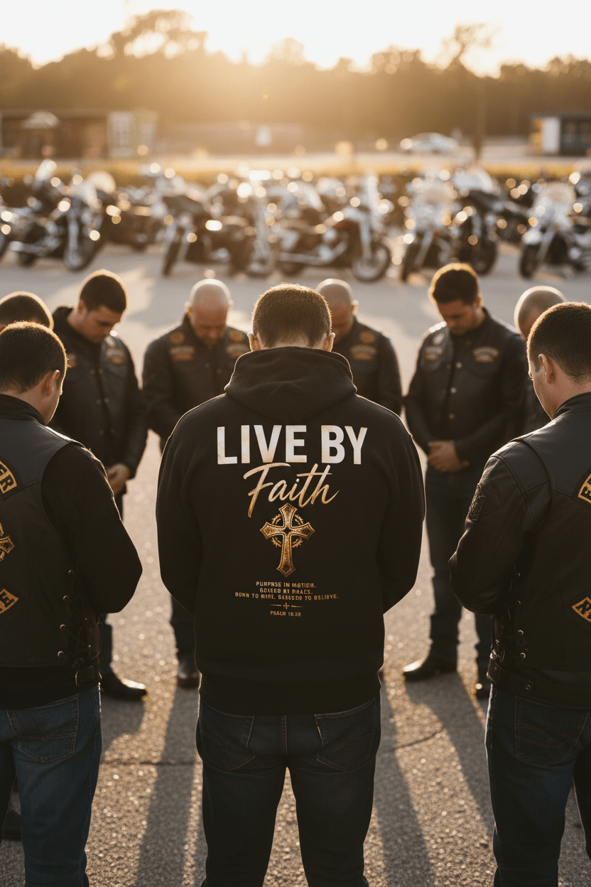 Lifestyle mockup of black Christian biker hoodie featuring “Live By Faith” back print design during motorcycle group prayer gathering at sunset.