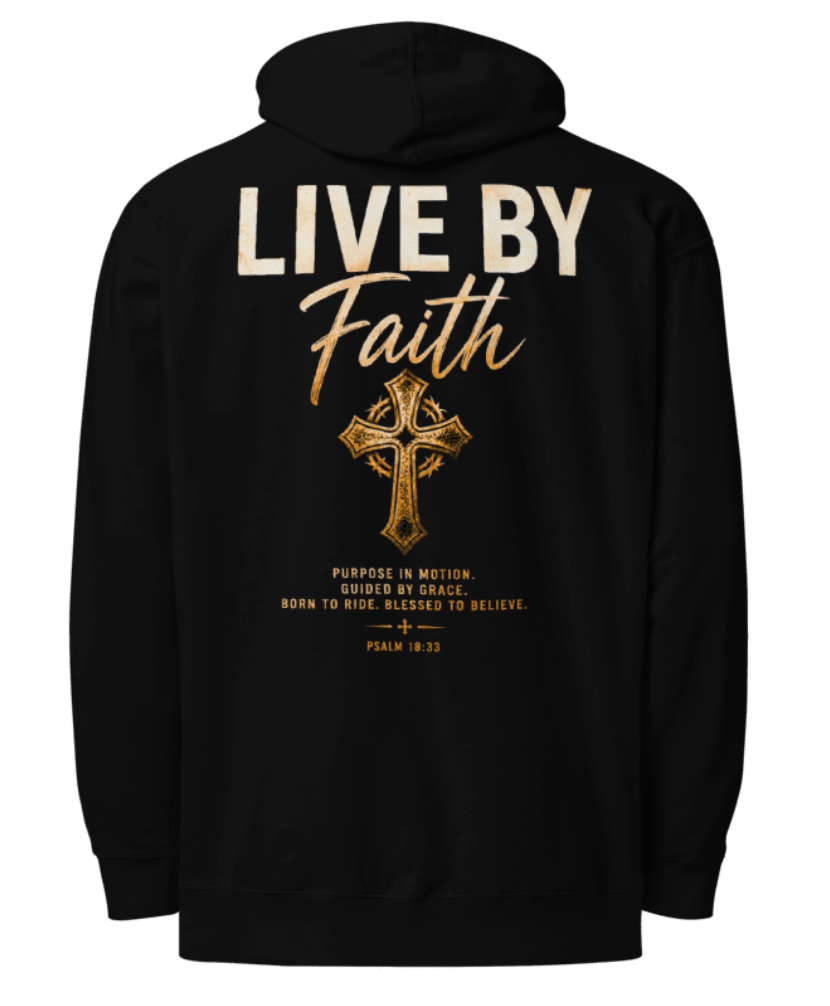 Back print black oversized Christian hoodie featuring gold cross artwork, “Live By Faith” typography, and Psalm 18:33 scripture with bold faith-based biker styling.
