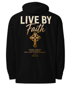 Back print black oversized Christian hoodie featuring gold cross artwork, “Live By Faith” typography, and Psalm 18:33 scripture with bold faith-based biker styling.