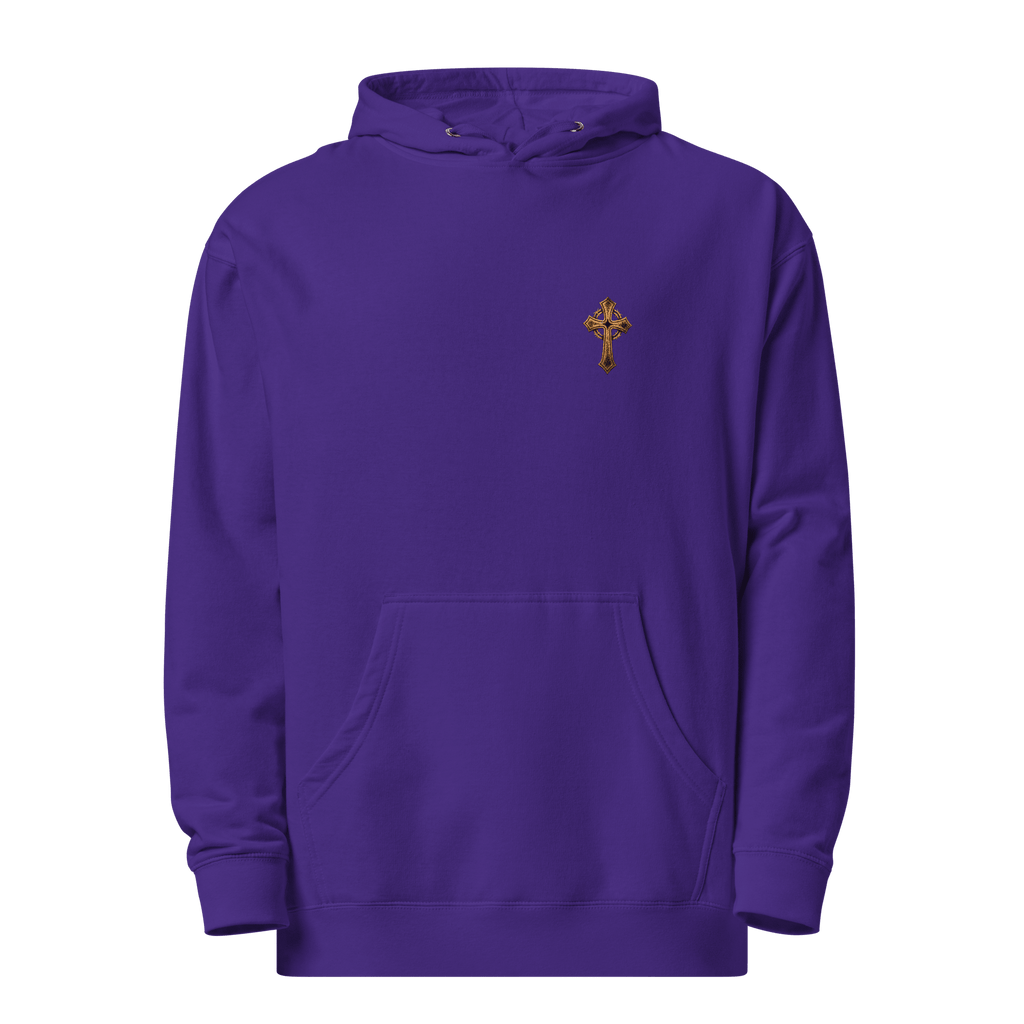 Front mockup of purple oversized Christian hoodie featuring minimalist gold cross embroidery with clean faith-based apparel styling.