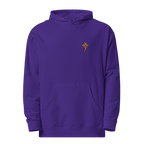 Front mockup of purple oversized Christian hoodie featuring minimalist gold cross embroidery with clean faith-based apparel styling.