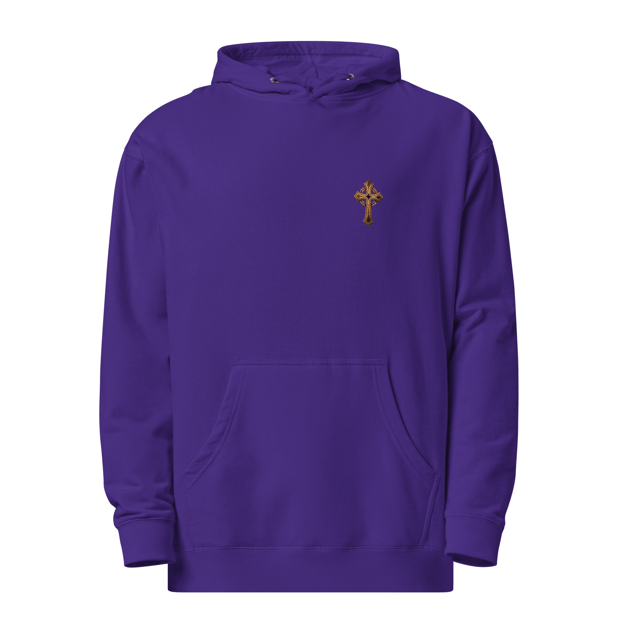 Front mockup of purple oversized Christian hoodie featuring minimalist gold cross embroidery with clean faith-based apparel styling.