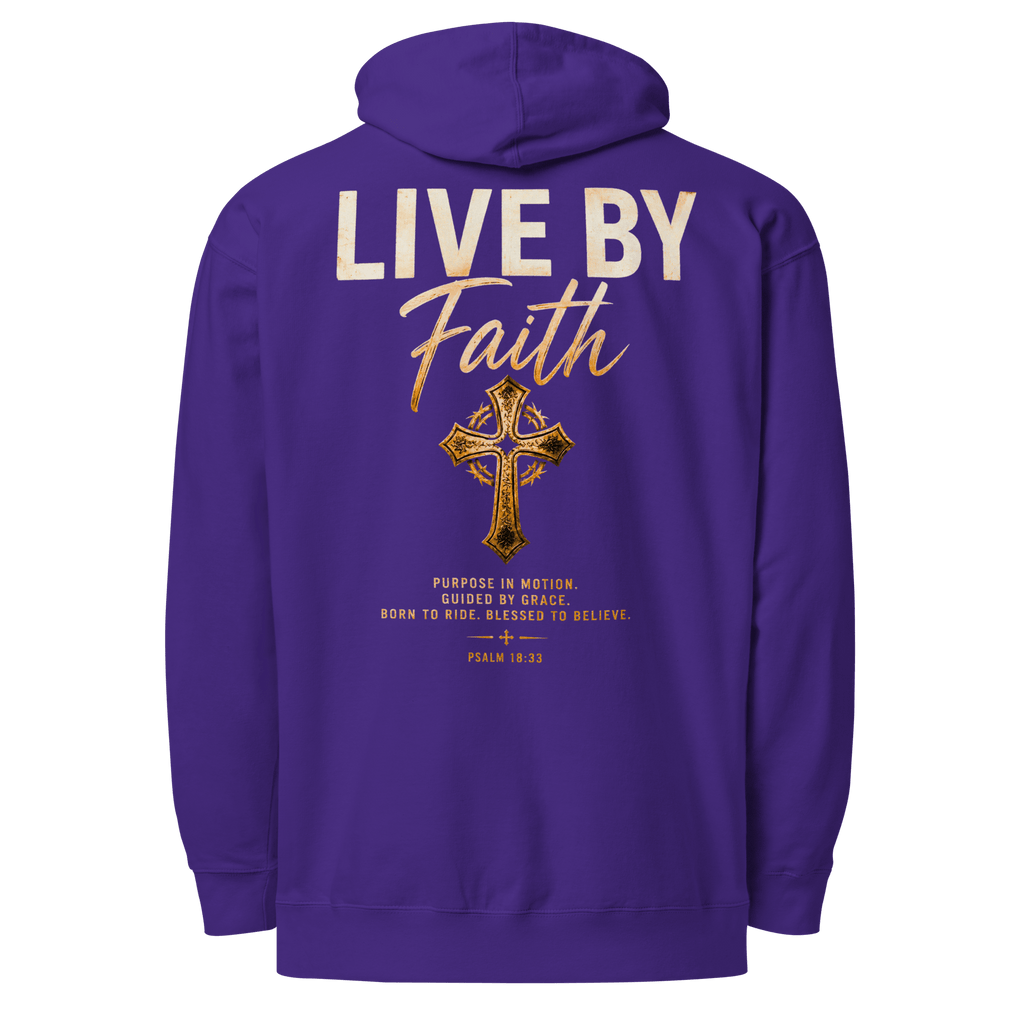 Back print mockup of purple Christian oversized hoodie featuring “Live By Faith” typography, gold cross artwork, and Psalm 18:33 scripture with bold faith-based biker styling.