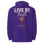 Back print mockup of purple Christian oversized hoodie featuring “Live By Faith” typography, gold cross artwork, and Psalm 18:33 scripture with bold faith-based biker styling.