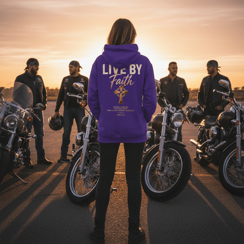 Lifestyle mockup of purple Christian biker hoodie featuring “Live By Faith” back print design with motorcycles and sunset rider gathering scene.