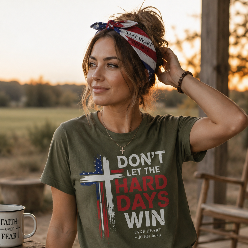 Woman wearing a patriotic "Take Heart – John 16:33" bandana as a head wrap and a Military Green "Don't Let the Hard Days Win" Christian t-shirt while relaxing on a rustic porch at sunset, reflecting faith, strength, and encouragement through life's challenges.