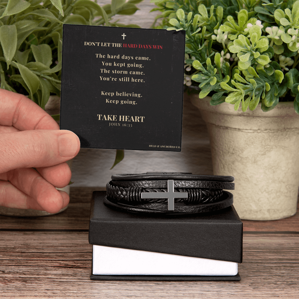 Don't Let The Hard Days Win | Men's Cross Leather Bracelet