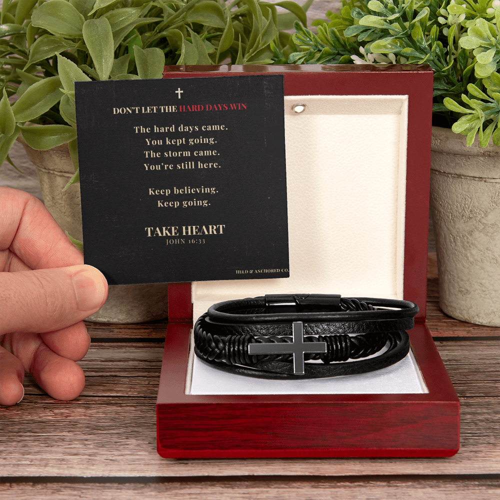 Don't Let The Hard Days Win | Men's Cross Leather Bracelet