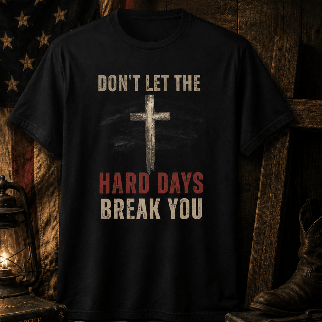 Patriotic faith-based graphic tee with distressed cross displayed beside lantern, Bible, and American flag