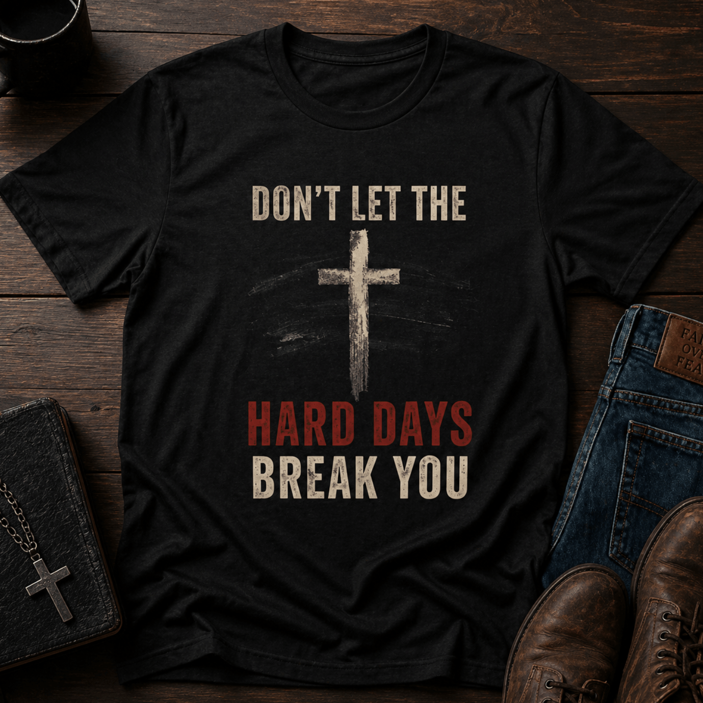Black t-shirt with motivational quote and cross design on a wooden surface with shoes and wallet.