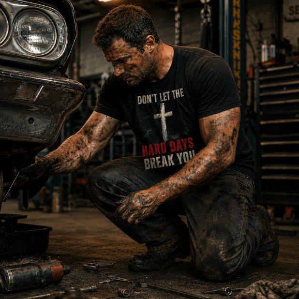 Greasy mechanic kneeling beside a classic car in a dim garage wearing the “Don’t Let the Hard Days Break You” faith-based graphic t-shirt by Held & Anchored.