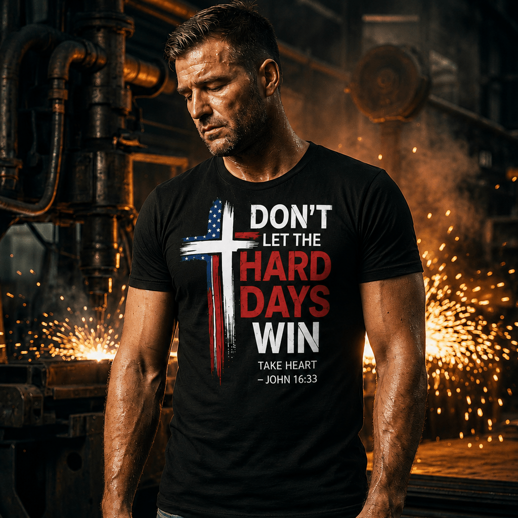 Man wearing the “Don’t Let the Hard Days Win” Christian patriotic t-shirt in an industrial workshop with sparks flying in the background. Black graphic tee featuring an American flag cross and John 16:33 scripture.