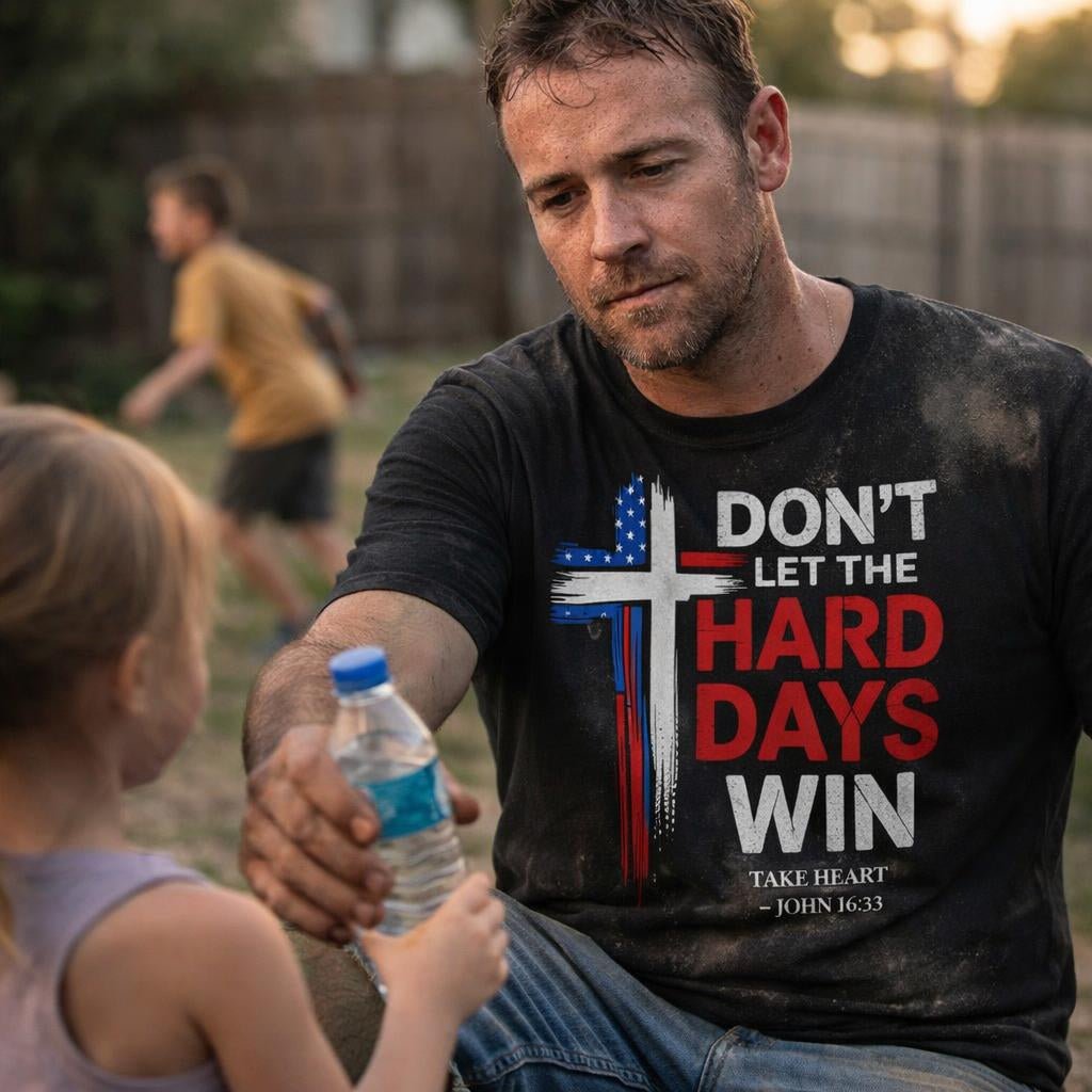 Man wearing Don't Let the Hard Days Win Tee while handing water to a child outdoors — Held & Anchored