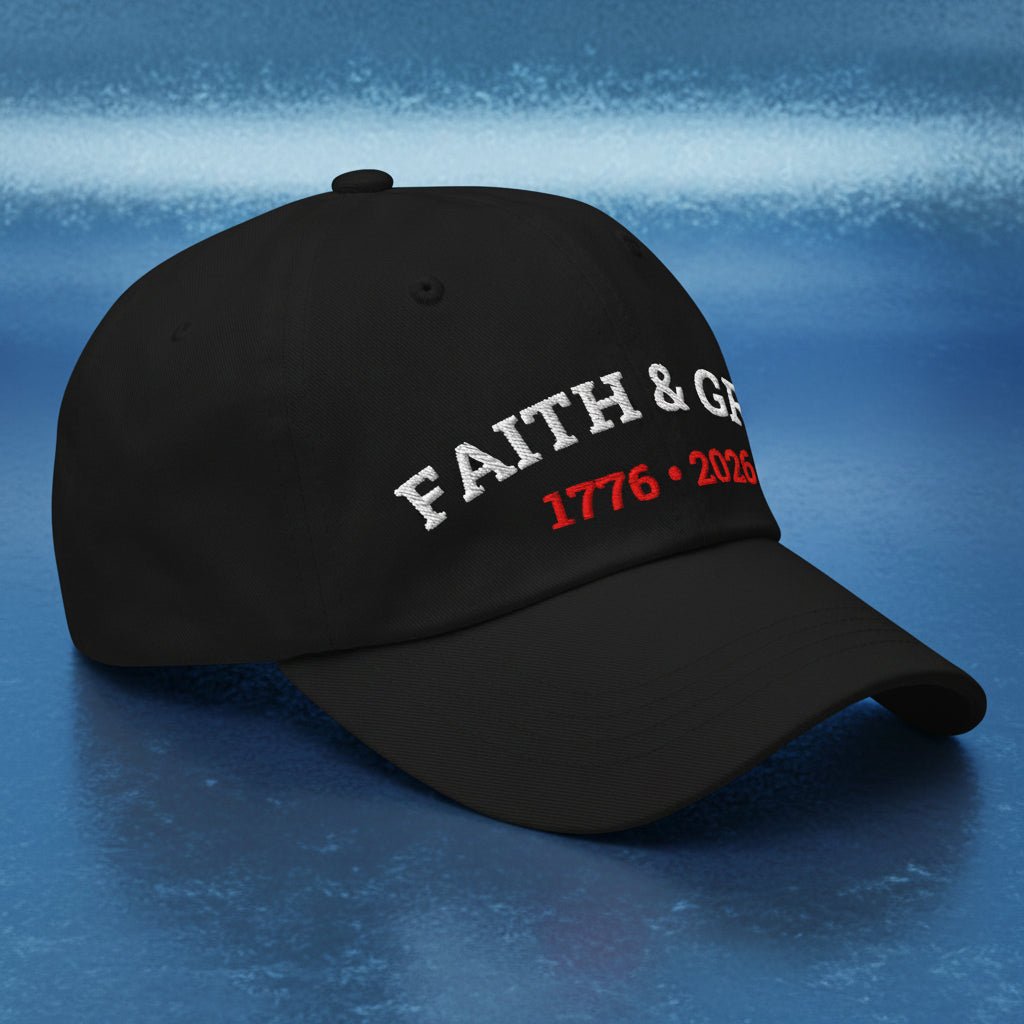 Faith & Grit Hat on blue background. 