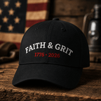 Faith & Grit Hat – 1776 • 2026 Patriotic Cap faith sitting on a rustic desk.