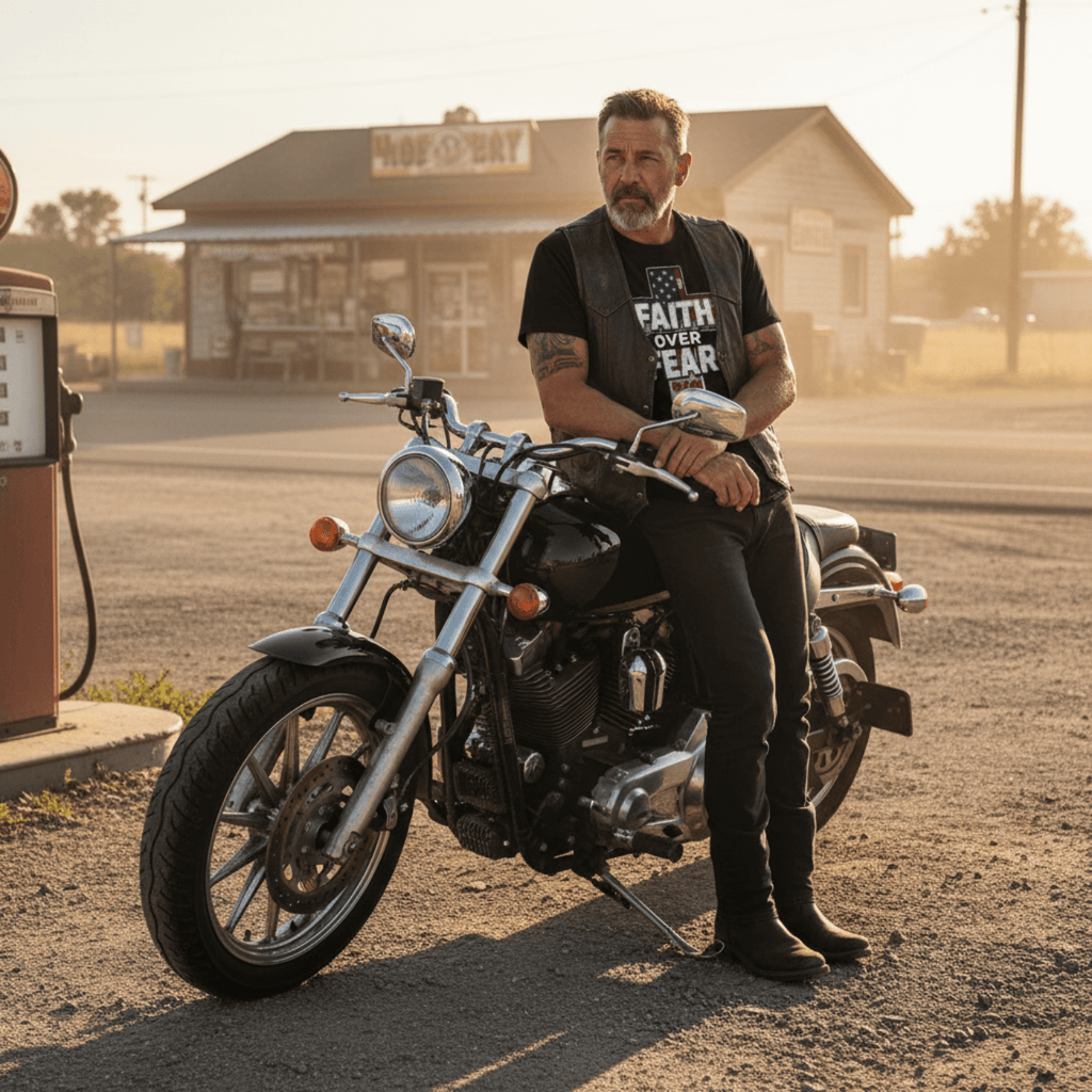 Rugged biker leaning against a black cruiser motorcycle at a rural gas station during sunset while wearing a black Faith Over Fear patriotic cross t-shirt. Cinematic Americana lifestyle scene with warm golden-hour lighting and a gritty blue-collar atmosphere.