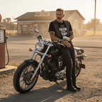 Rugged biker leaning against a black cruiser motorcycle at a rural gas station during sunset while wearing a black Faith Over Fear patriotic cross t-shirt. Cinematic Americana lifestyle scene with warm golden-hour lighting and a gritty blue-collar atmosphere.