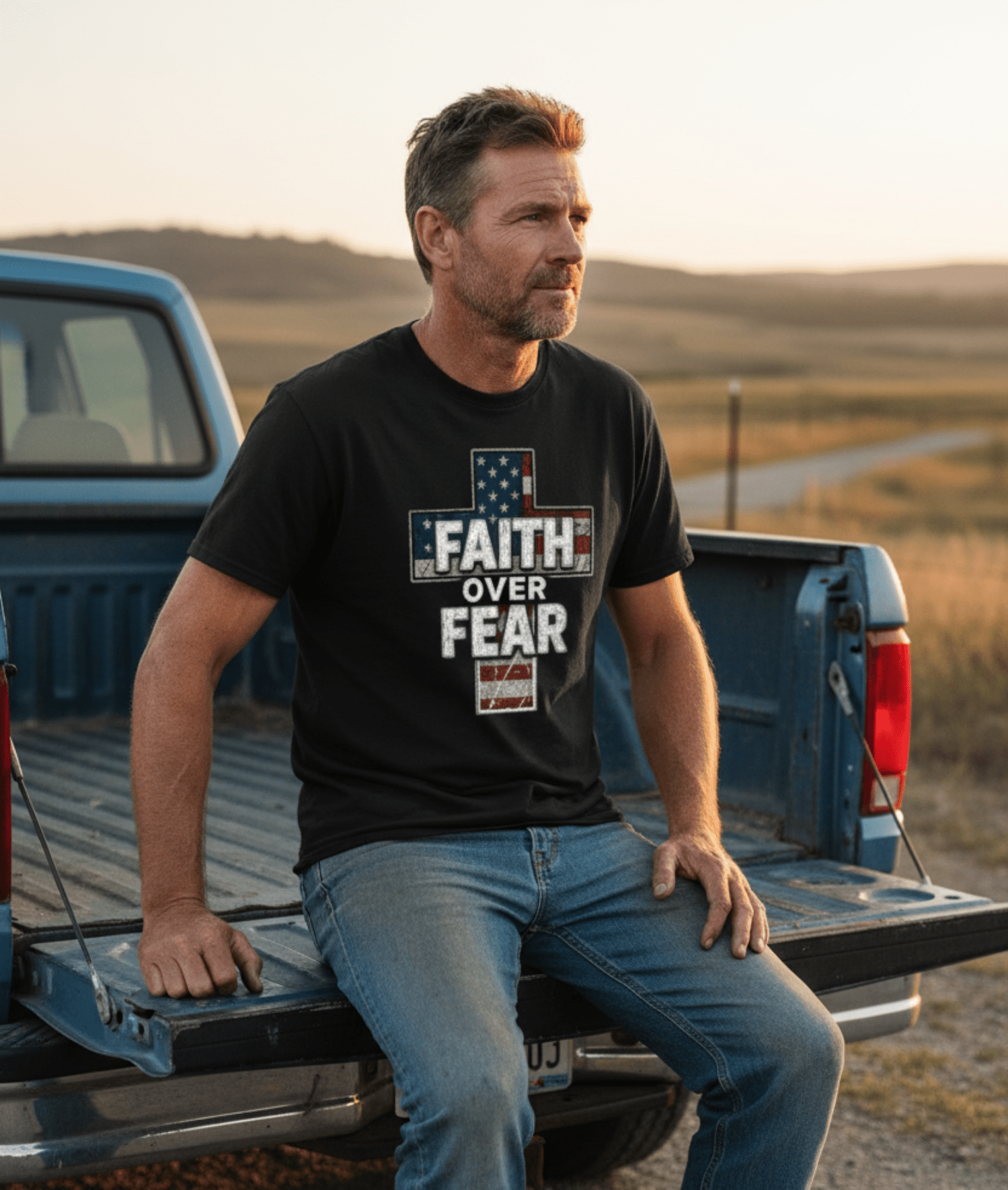 Man sitting on the tailgate of a blue pickup truck at sunset wearing a black Faith Over Fear patriotic cross t-shirt in a rural Americana setting.