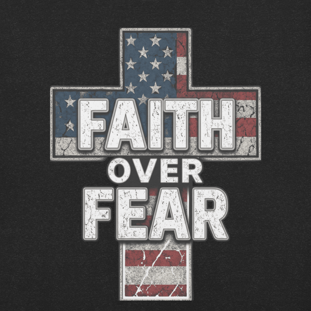 Cross-shaped design with 'Faith Over Fear' text on a black background