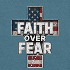 Cross-shaped design with 'Faith Over Fear' text on a deep heather teal background