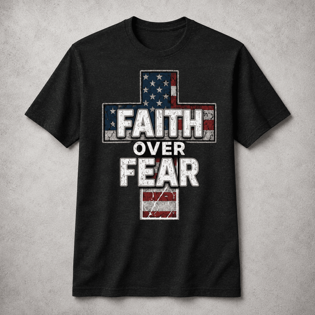 Black heather t-shirt displayed in a flat lay product photo on a light textured background, featuring a distressed American flag cross graphic with bold white "Faith Over Fear" lettering across the front.
