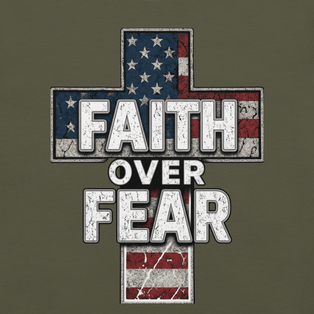 Cross-shaped design with 'Faith Over Fear' text on a military green background
